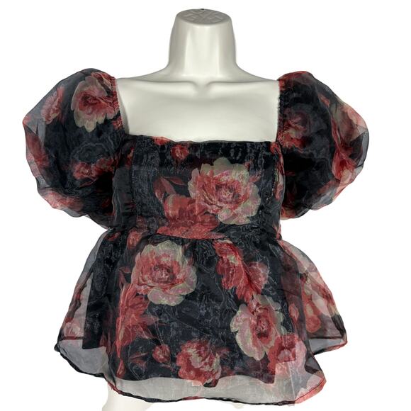 thirty / thirty LA Floral Crop Blouse Print Black Pink Top Sheer Scoop Neck - M - Picture 2 of 5
